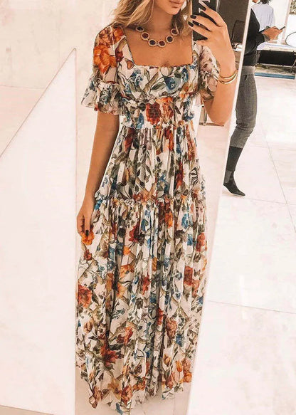 Apricot Square Neck Print Ruffle Waist Dress Summer