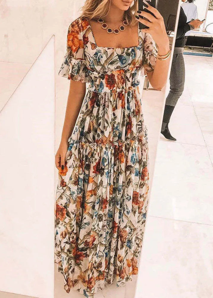 Apricot Square Neck Print Ruffle Waist Dress Summer