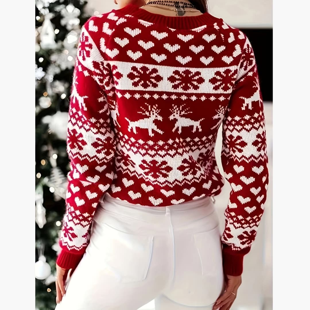 Comfortable Elegant Red Reindeer Snowflake Crew Neck Sweater