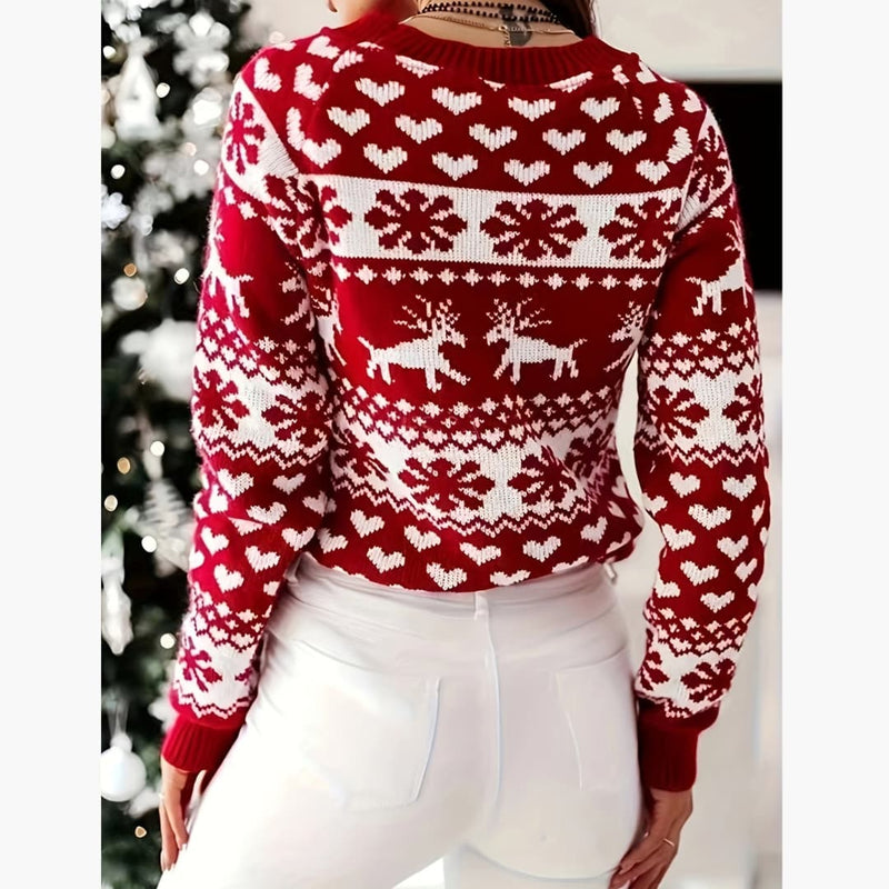 Comfortable Elegant Red Reindeer Snowflake Crew Neck Sweater
