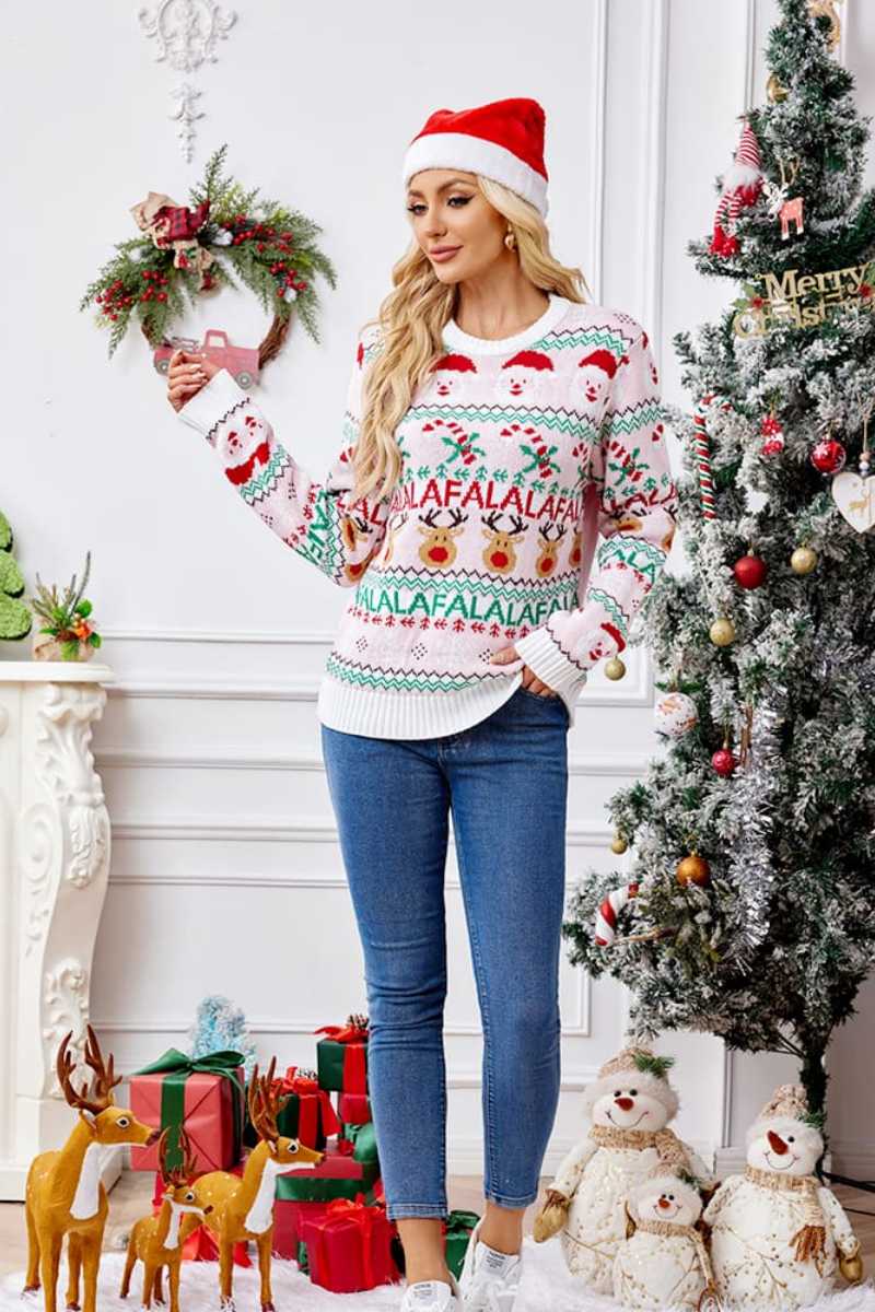 Loose Fit Crew Neck Christmas Cartoon Knit Sweater - Pink