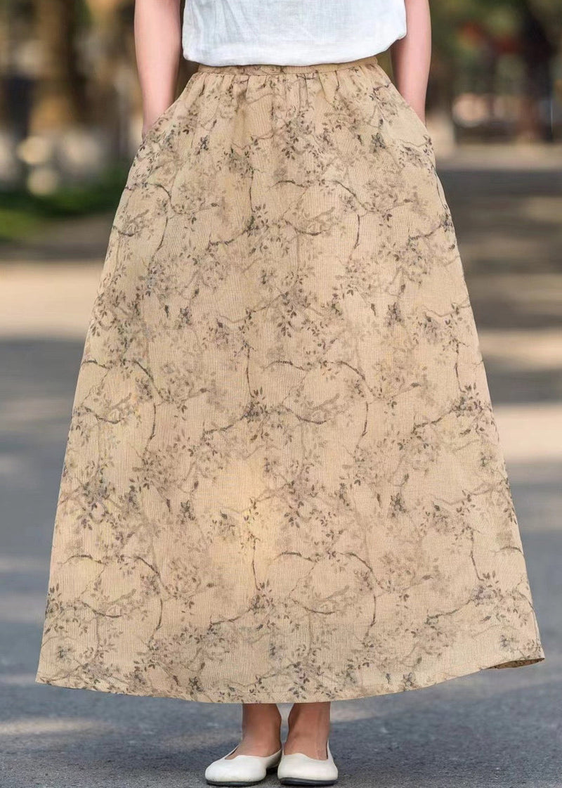 Khaki Pockets Print High Waist Cotton Skirts Summer