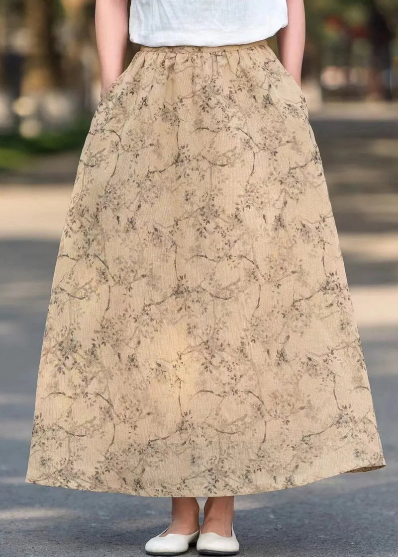 Khaki Pockets Print High Waist Cotton Skirts Summer