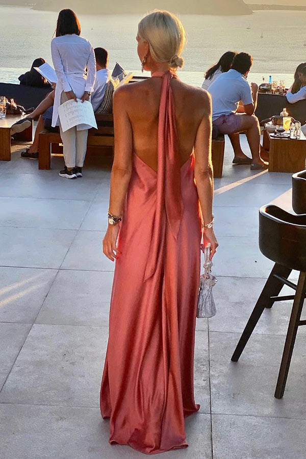 Classy and Fabulous Satin Halter Backless Party/vocation Maxi Dress