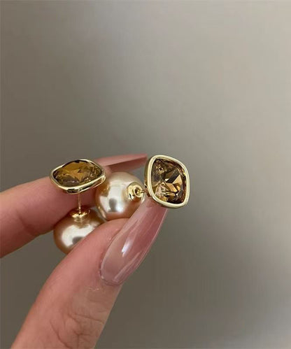 Champagne Copper Overgild Pearl Two Ways of Wearing It Stud Earrings