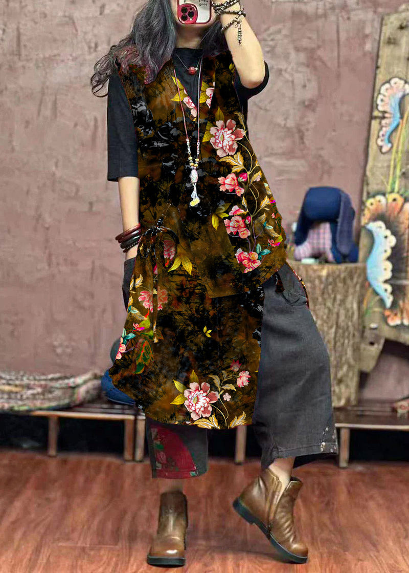 Red Asymmetrical Print Patchwork Cotton Waistcoat Sleeveless