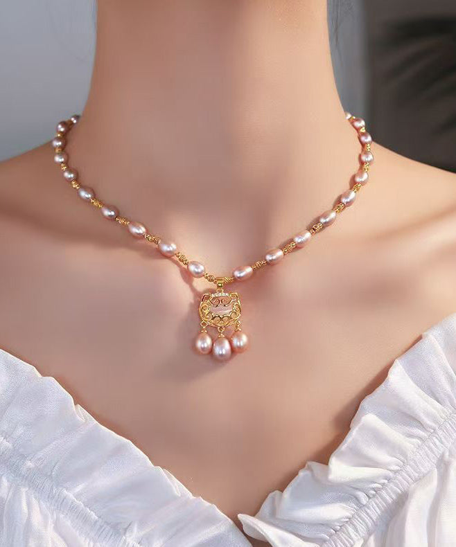 Light Purple Sterling Silver Overgild Pearl Safe Lock Pendant Necklace