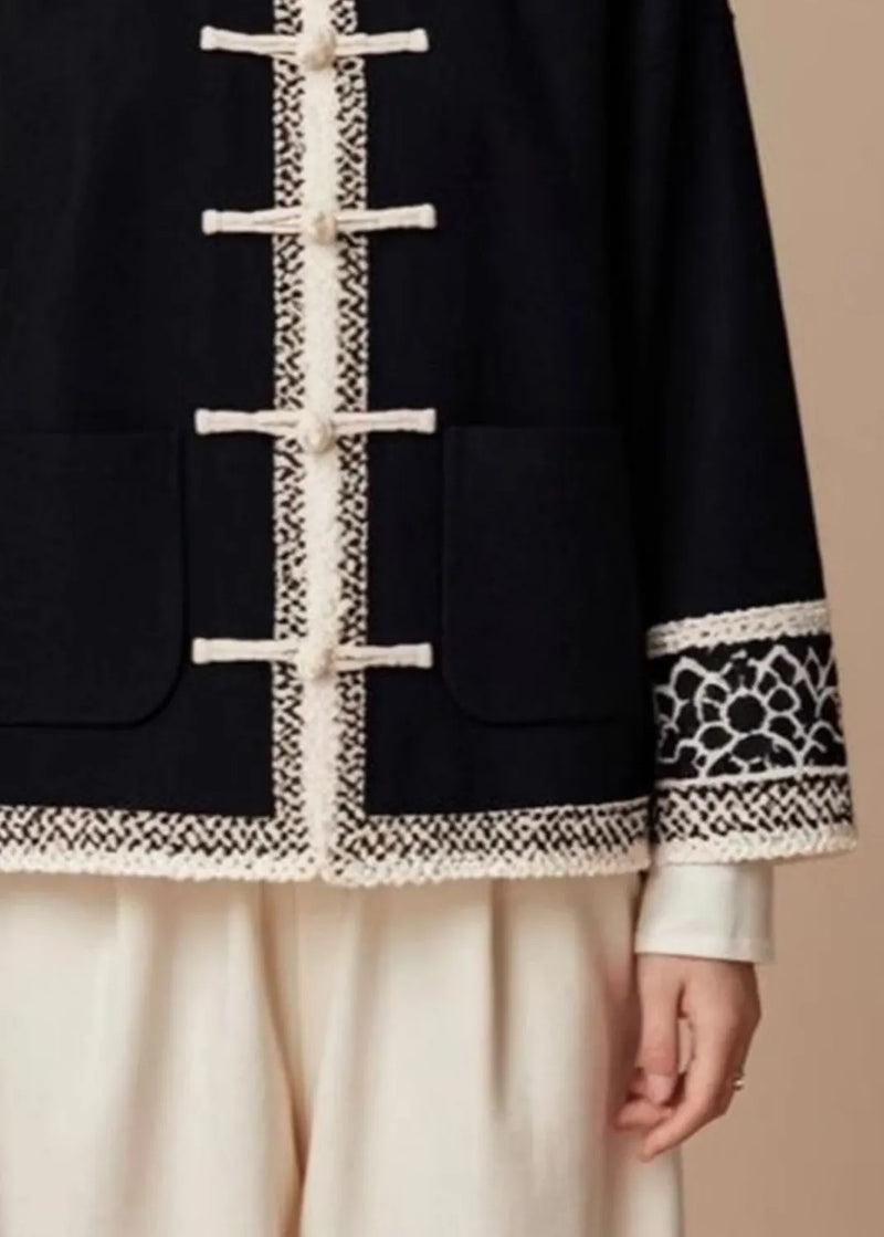 Italian Black O-neck Button Patchwork Cotton Coat Fall