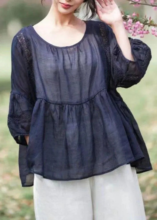 Navy Hollow Out Embroidered Patchwork Linen Tops Summer