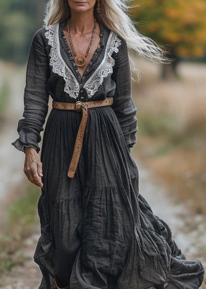 V Neck Lace Patchwork Cotton Long Sleeve Maxi Dress