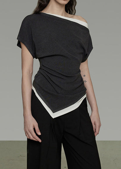 Dark Grey Cold Shoulder Asymmetrical Design Cotton Top Summer