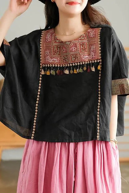 Embroidered Tasseled Split Linen T-shirt