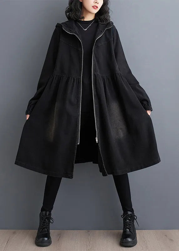 Black Peter Pan Collar Zippered Denim Long Trench Coats Fall