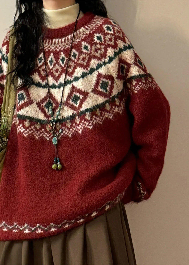 French Red Geometric Cozy Knit Coats Spring