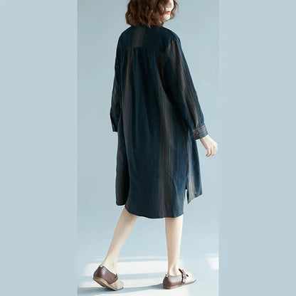 New Blue Striped Cotton Linen Dress Long Sleeve Baggy Dresses Stand Side Open Linen Cotton Dress