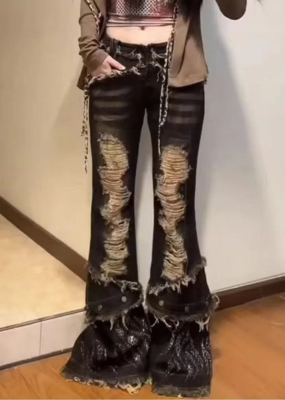 Navy Tasseled Denim Ripped Bell-bottom Trousers Spring