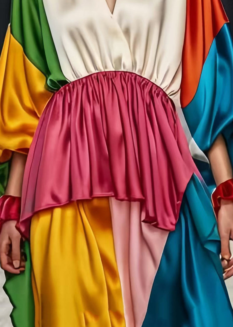 Colorblock V Neck Patchwork Silk Tea Dresses Spring