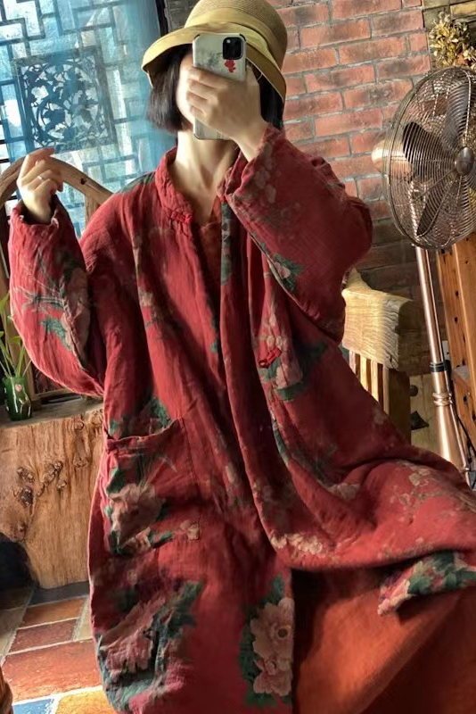 -retro Large Flower Double Layer Cotton Loose Cotton Jacket