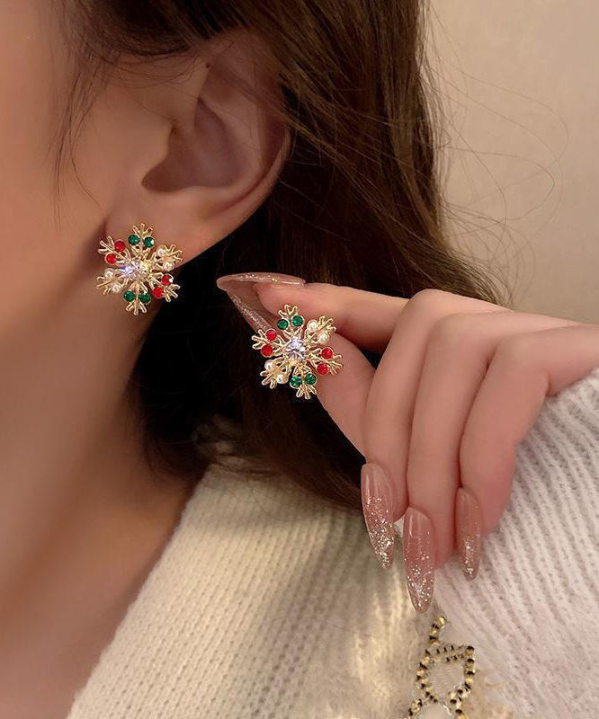 Multicolor Sterling Silver Overgild Asymmetric Crystal Snowflake Pronghorn Stud Earrings