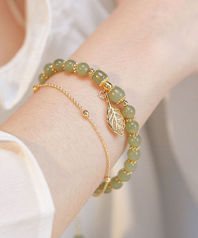 Tanksgiving Day Give Away- Green 18k Gold Inlaid Jade Zircon Leaf Charm Bracelet