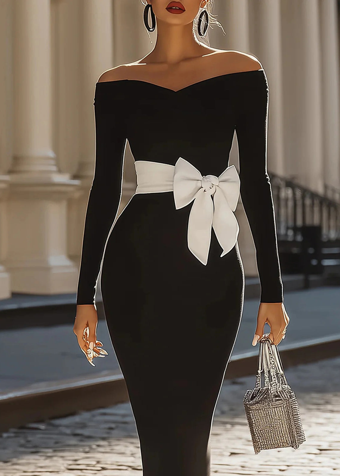 Black Cold Shoulder Bow Slim Fit Cotton Dresses Fall