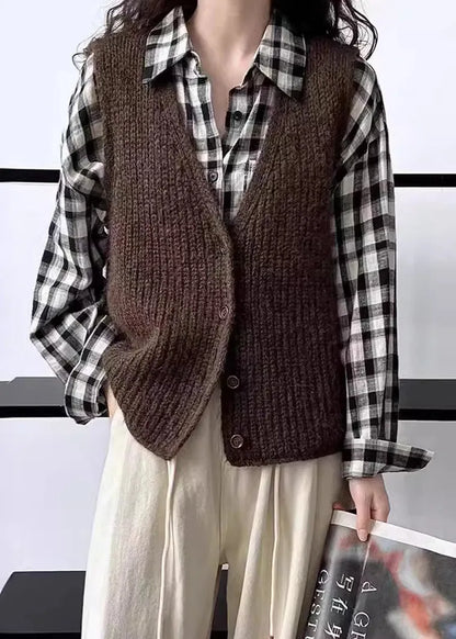 French Grey V Neck Button Knit Vest Sleeveless