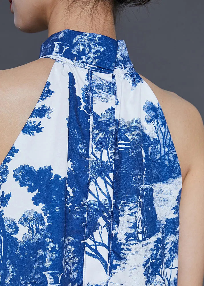 Modern Blue Cold Shoulder Print Cotton a Line Dress Summer