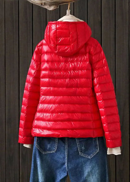 Art White Stand Collar Hooded Zip Up Pockets Duck Down Puffer Jacket Winter