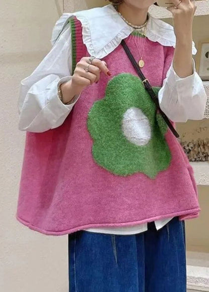 Italian Pink O Neck Patchwork Knit Vest Sleeveless