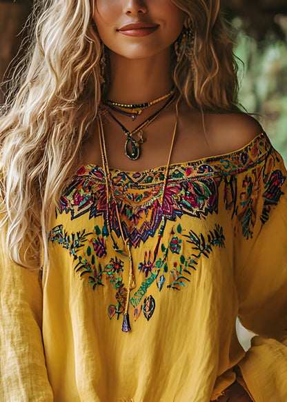 Yellow Slash Neck Print Cotton Shirts Spring