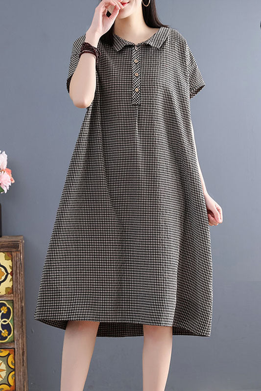 Summer Retro Loose Shirt Skirt Plaid Cotton Linen Dress