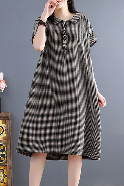 Summer Retro Loose Shirt Skirt Plaid Cotton Linen Dress