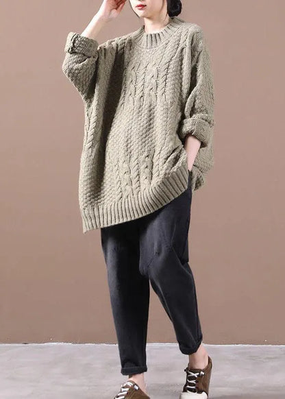 Khaki Loose Cable Knit Fall Long Knit Top