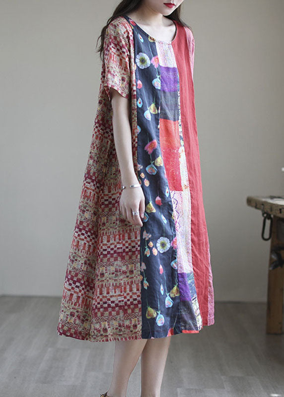 Red Loose Patchwork Linen Fall Short Sleeve Long Dresses