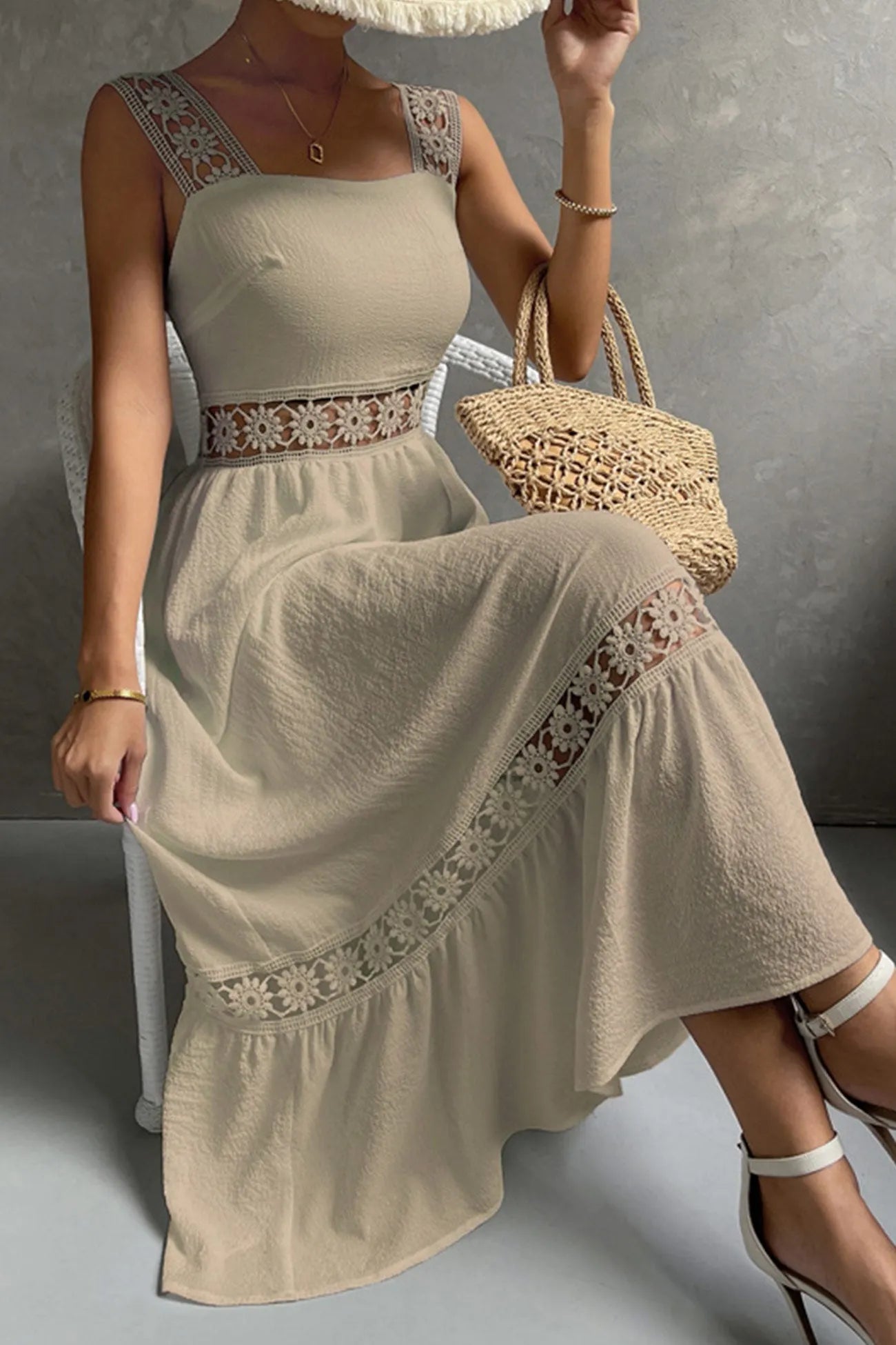 Jacquard Hollow Out Tiered Midi Dress