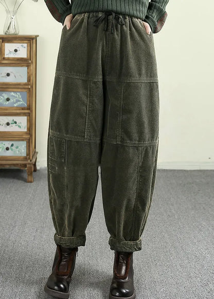 Green Pockets Elastic Waist Corduroy Warm Fleece Pants Winter