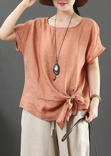 Navy Linen Cotton Blouses Sewing O Neck Bow Summer Blouses