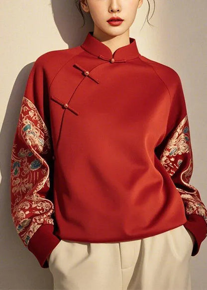 New Retro Red Chinese Button Patchwork Cotton Pullover Sweatshirt Spring
