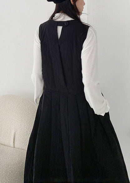 Simple Black O-neck Pockets Cotton Filled Tank Dress Sleeveless