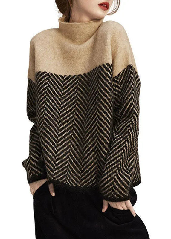 Khaki Turtle Neck Patchwork Knit Pullover Winter