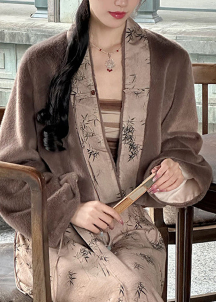 Coffee V Neck Print Patchwork Leather and Fur Coat Winter