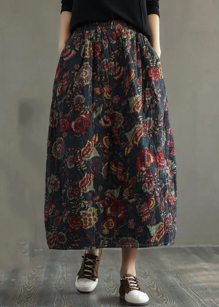 Red Elastic Waist Patchwork Print Fine Cotton Filled Skirt Winter