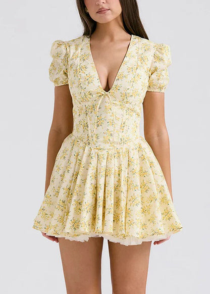 French Yellow Puff Sleeve Print Wrinkled Short Dress