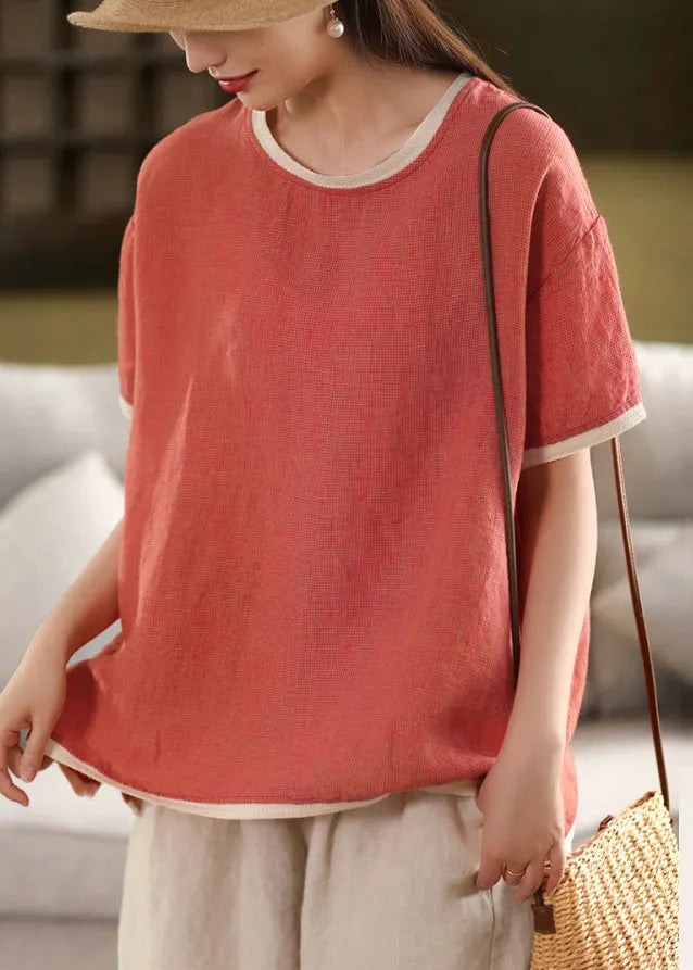 Watermelon Red Button Patchwork Linen Summer T Shirt O Neck