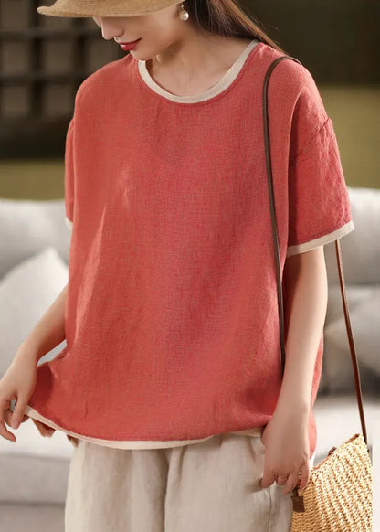 Watermelon Red Button Patchwork Linen Summer T Shirt O Neck