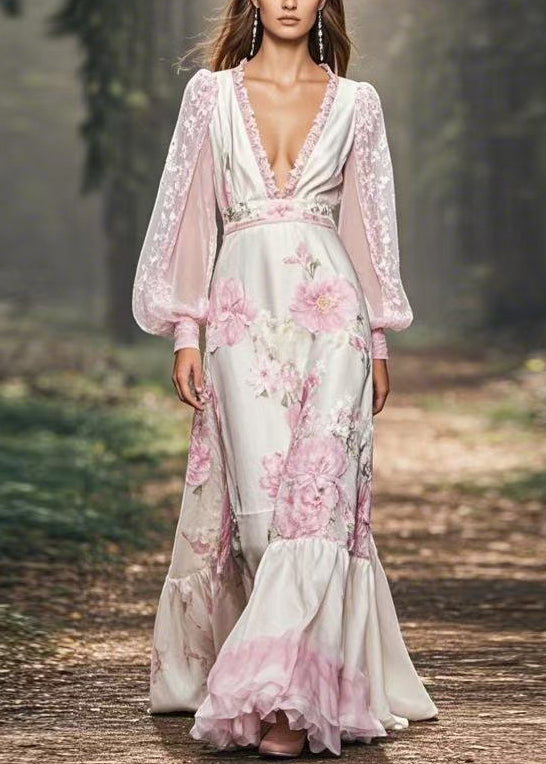 V Neck Print Patchwork Chiffon Maxi Dresses Spring