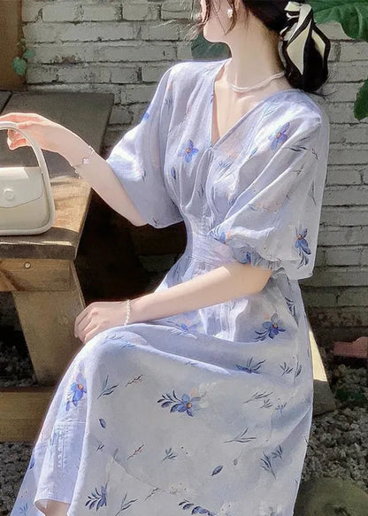 Blue V Neck Print Cotton Long Dress Summer