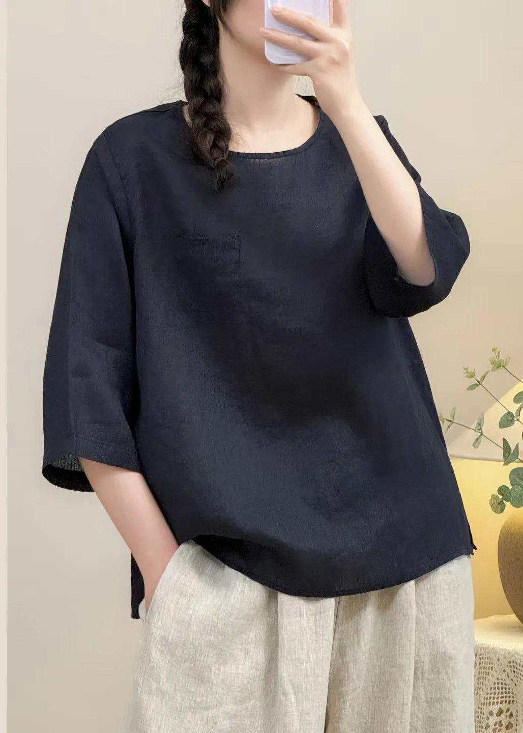 Simple Navy O Neck Linen Shirt Bracelet Sleeve