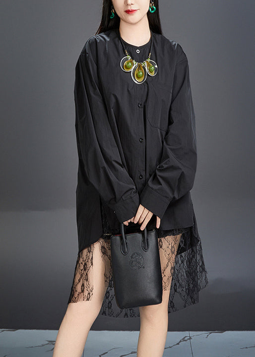 New Black O-neck Button Cotton Shirt Fall