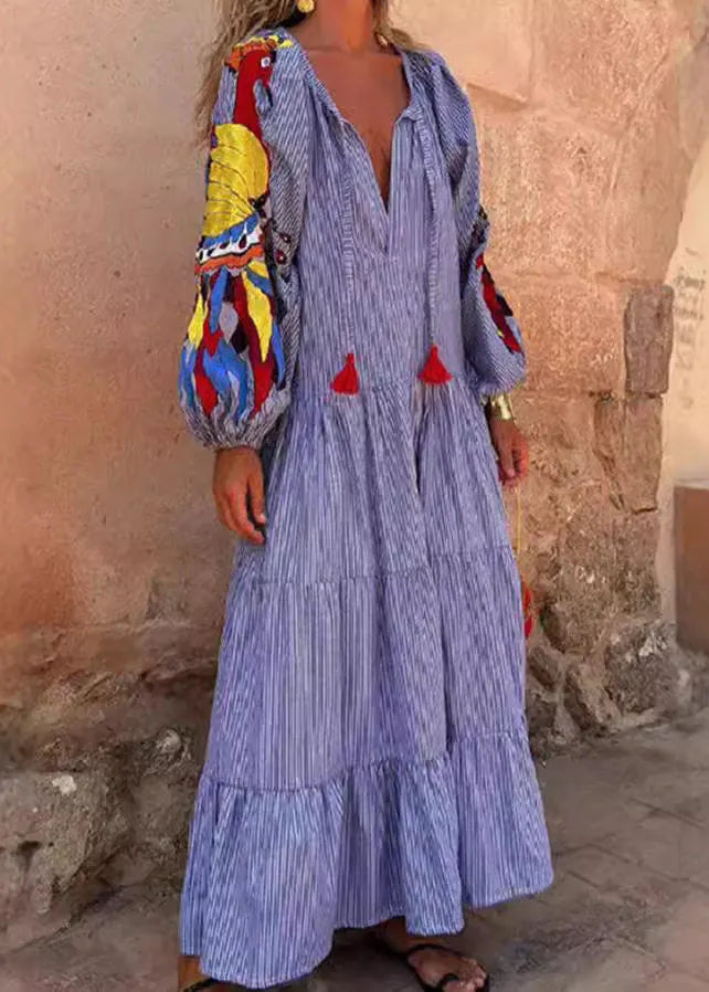 Organic Blue V Neck Print Patchwork Cotton Vacation Dresses Spring